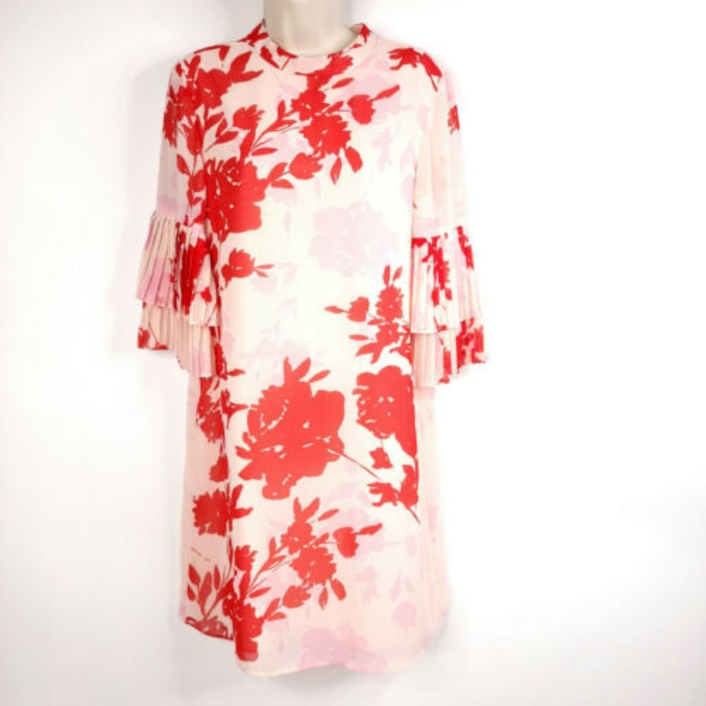 NWT Sharagano Dress  Pink Red Floral Pleated 3/4 Sleeve Neck Tie Lined - Size12